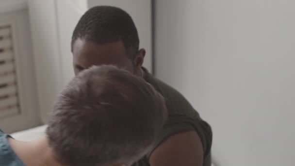 Medium Closeup Slowmo Brutal African American Soldier Being Vaccinated Coronavirus — 비디오