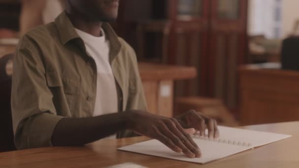 Cropped Slowmo Hands African American Blind Man Reading Braille Book — Stockvideo
