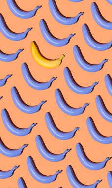 Renkli muz meyvelerinin grafiksel üst görünüm deseni. Pastel arka plan üzerinde çapraz çizgiler, sağlıklı beslenme ve vegan diyet kavramı.