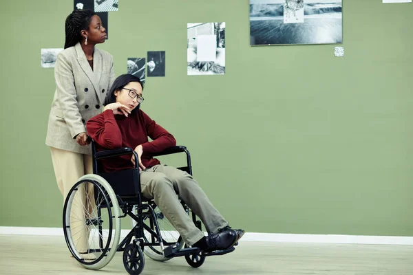 Young African American Woman Her Asian Male Friend Disability Wheelchair — Stock Photo, Image