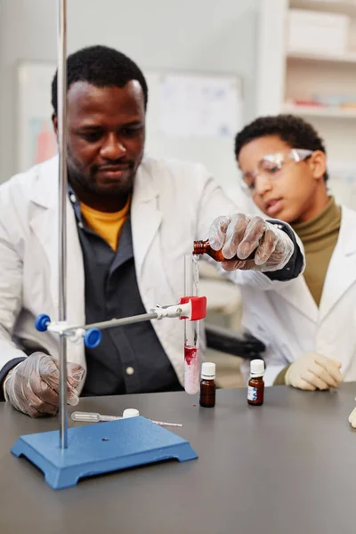 Vertikales Porträt Eines Afroamerikanischen Lehrers Der Naturwissenschaftliche Experimente Chemielabor Der — Stockfoto