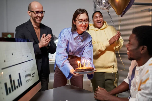 Diverse Group Colleagues Applauding While Bringing Surprise Birthday Cake Smiling — Stock Photo, Image