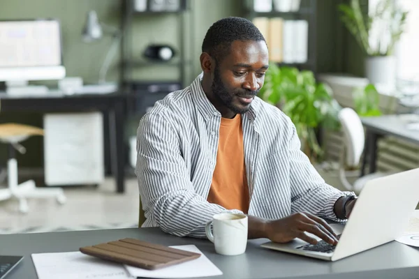 Portretul Unui Negru Adult Care Lucrează Birou Acasă Utilizează Laptop — Fotografie, imagine de stoc