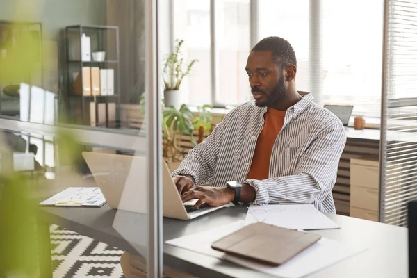 Modern Ofiste Çalışırken Dizüstü Bilgisayar Kullanan Yetişkin Siyahi Adamının Portresi — Stok fotoğraf