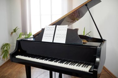 Piyanistin sınıfta klasik müzik çalması için notalı bir kuyruklu piyano resmi