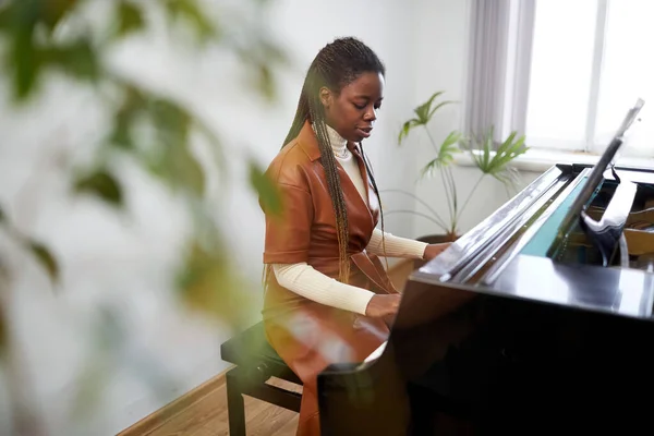 Jovem Africana Sentada Atrás Piano Cauda Aprendendo Tocar Música Clássica — Fotografia de Stock