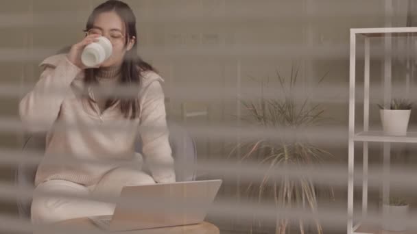 Średnie Spowolnienie Młodej Azjatki Beżowym Swetrze Zamkiem Błyskawicznym Pijącej Kawę — Wideo stockowe