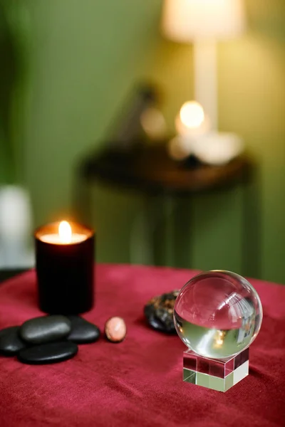 Vertical Background Image Crystal Ball Candles Red Velvet Table Fortune — Stock Photo, Image