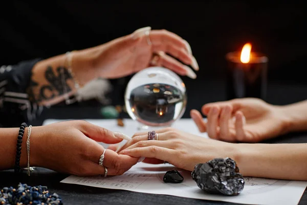 Close Fortune Teller Holding Hand Young Woman Spiritual Seance Crystal — Stock Photo, Image