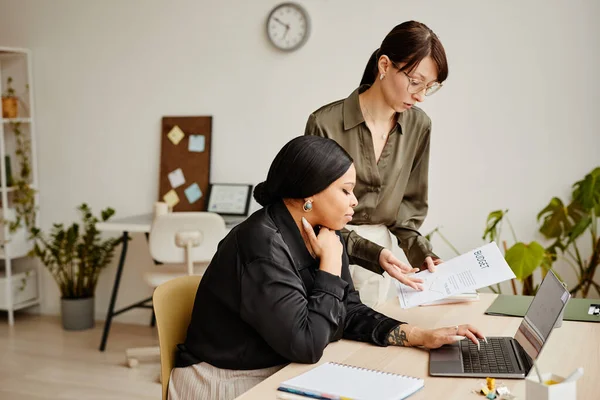 Side View Portrait Two Successful Businesswomen Discussing Work Documents Minimal — Stock Photo, Image