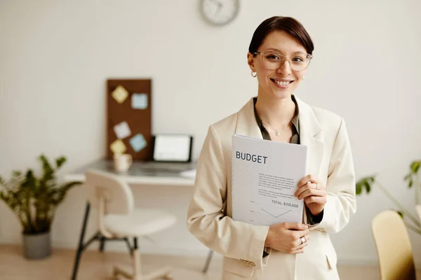 Waist Portrait Successful Young Businesswoman Looking Camera Minimal Office Copy — Stock Photo, Image