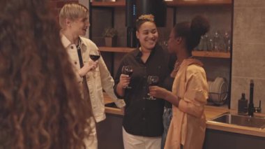 Çok ırklı genç LGBTQ arkadaşlarının orta yavaş konuşması ve kırmızı şaraplı kadeh kaldırması mutfakta küçük bir akşam yemeği partisi vermeleri.