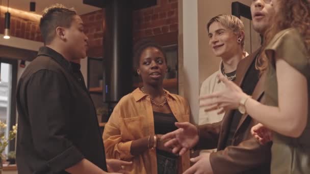 Medium Slowmo Five Young Diverse Fancy Lgbtq Friends Gathering Together — Stock Video
