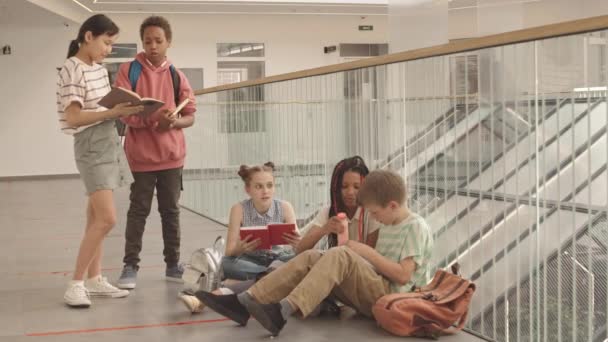 Cinco Crianças Escolas Primárias Multiétnicas Roupas Casuais Conversando Entre Aulas — Vídeo de Stock