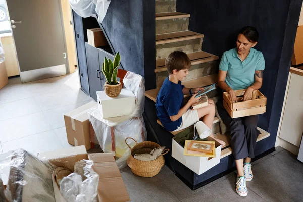 Full Length Portrait Mother Son Unpacking Boxes Together While Sitting — Stock Photo, Image