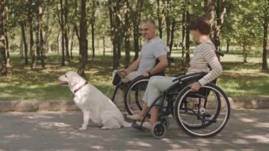 Yazın parkta yürüyen açık sarı Labrador Retriever 'lı tekerlekli sandalyeli mutlu beyaz çift.