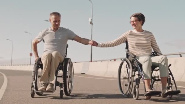 Romantik Beyaz Çift Yazın Köprü Yolunda Tekerlekli Sandalye Sürerken Ele — Stok video