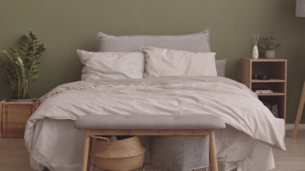 Minimalist Eko Tarzı Yatak Odasının Içini Pastel Zeytin Yeşili Duvarlar — Stok video