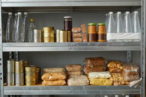 Background Image Shelves Stacked Food Donations Help Center Refugees People — Stock Photo, Image