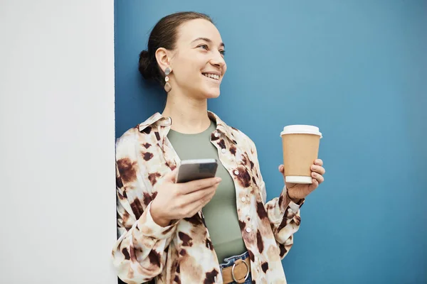 Vibrant Minimal Portrait Smiling Young Woman Holding Coffee Cup Blue — Stock Photo, Image