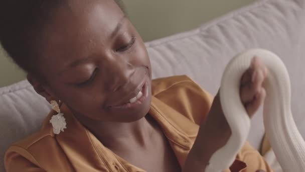 年轻快乐的黑人妇女与舔白鼠蛇的主人鼻子玩耍 坐在客厅的沙发上 拍拍特写镜头 — 图库视频影像