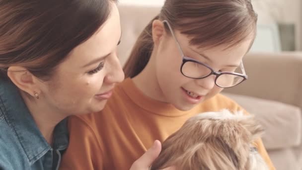 与白种人年轻女子和她12岁的女儿在家中爱抚可爱的石子犬的中度特写镜头 — 图库视频影像