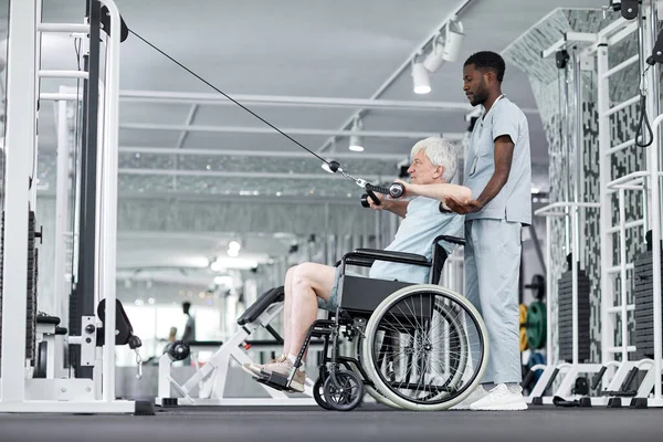 Портрет Молодого Реабилитационного Терапевта Помогающего Пожилому Человеку Инвалидной Коляской Тренажерном — стоковое фото