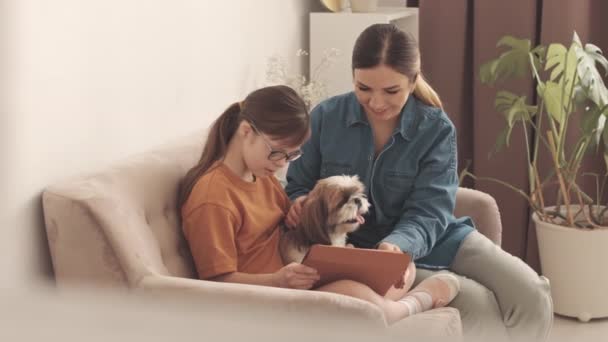 Annesi Oturma Odasındaki Kanepede Birlikte Oturan Sevimli Shih Tzu Köpeğiyle — Stok video