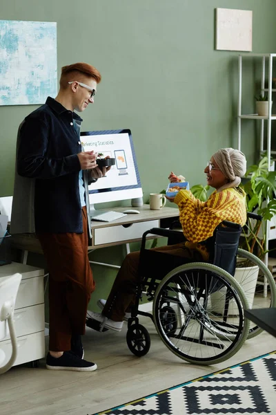Full Length Portrait Young Woman Using Wheelchair Office Enjoying Lunch — Stock Photo, Image