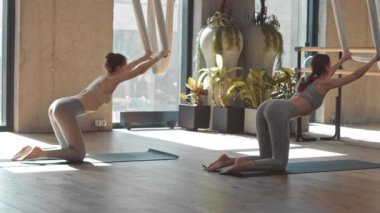 Aktif giyimli iki sıska kız ellerinde hamaklar ve sırtlarında kavislerle gün ışığında geniş stüdyoda hava yogası yaparken.