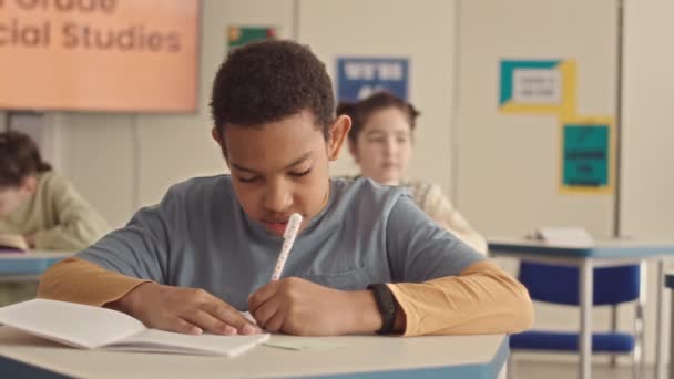 Verlangsamung Der Mittelschule Afroamerikanischer Junge Macht Sich Notizen Textbuch Während — Stockvideo