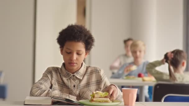 Pasie Górę Powoli Letnia Afroamerykanka Czyta Książkę Podczas Lunchu Szkolnej — Wideo stockowe