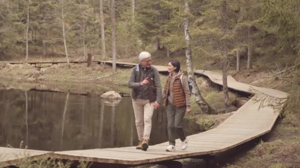 Slowmo Ώριμο Ζευγάρι Καυκάσια Σακίδια Πόδια Όμορφο Δάσος Λίμνη Πρωί — Αρχείο Βίντεο