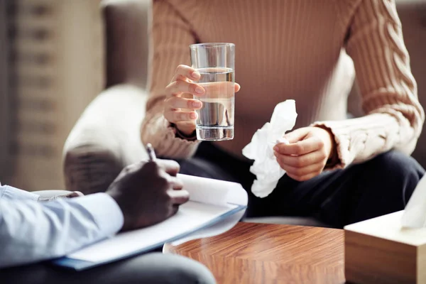 Young Woman Drinking Water Wiping Tears Napkin Therapy Session Psychologist — Stock Photo, Image