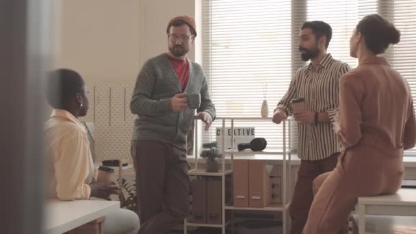 Medium Slow Diverse Creative Team Having Conversation Coffee Break Office — Stock video