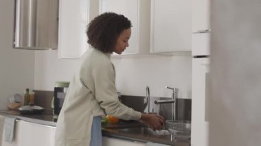Öğlen veya akşam yemeği yapmadan önce mutfak lavabosunda taze meyve ve sebze yıkayan melez genç bir kadın.