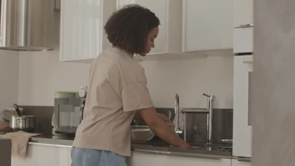 ミディアムSlowmoのBiracial女の子で彼女の初期の20代の洗浄料理で現代的なキッチン — ストック動画