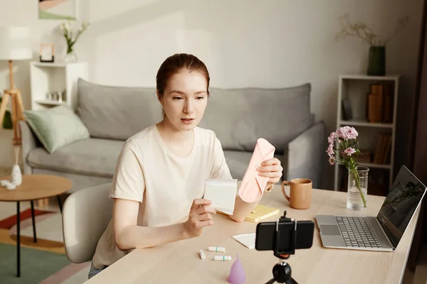 Portrait Young Woman Holding Two Types Pads Camera Filming Educational — Stock Photo, Image