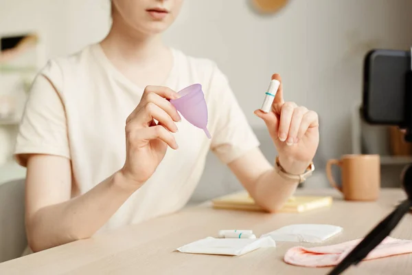 Close Young Woman Comparing Tampons Menstrual Cup Camera Filming Educational — Stock Photo, Image