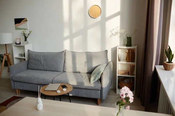 快適なベルベットのソファと日光に照らされた最小限の装飾と居心地の良いリビングルームのインテリアの背景画像 コピースペース — ストック写真