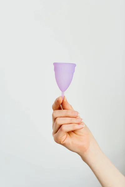 Minimal Closeup Female Hand Holdingsingle Menstrual Cup White Background — Stock Photo, Image