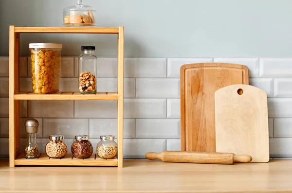 Minimale Hintergrundbild Der Hölzernen Küche Dekor Mit Schwerpunkt Auf Handgefertigte — Stockfoto
