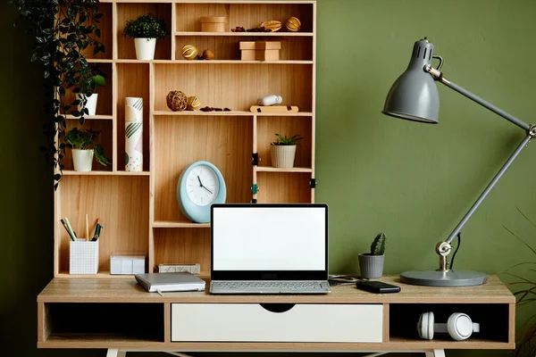 Front View Background Image Cozy Home Office Workshop Διακοσμημένο Πράσινα — Φωτογραφία Αρχείου