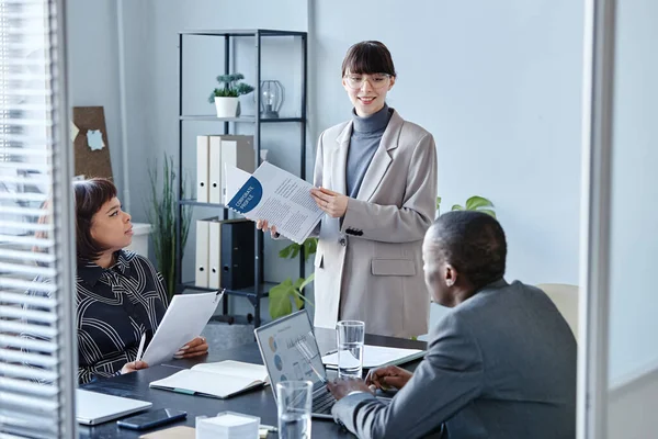 Portrait Young Woman Executive Talking Team Business Meeting Holding Documents — Stock Photo, Image