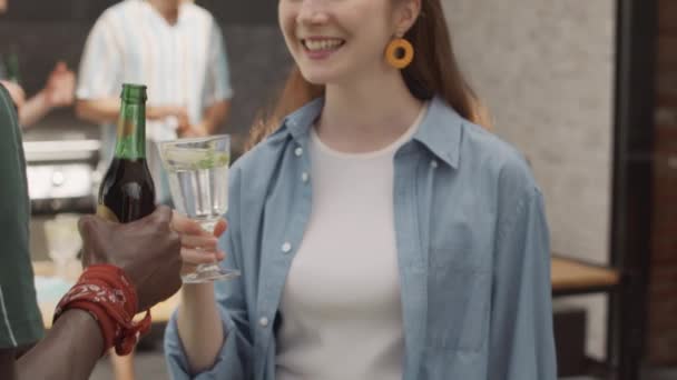 Waist Slowmo Beautiful Red Head Girl Cocktail Glass Chatting Her — Stock Video