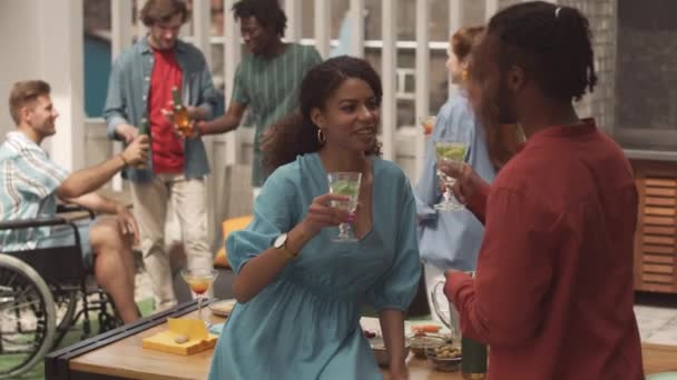 Medium Slowmo Fancy Young Biracial Couple Chatting Terrace Summer Party — Stock Video