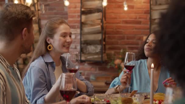 Waist Slowmo Happy Young Diverse Fancy People Toasting Red Wine — Stock Video