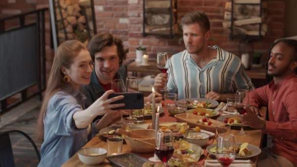 Medium Slowmo Company Cheerful Diverse Friends Clinking Glasses Red Wine — Stock Video