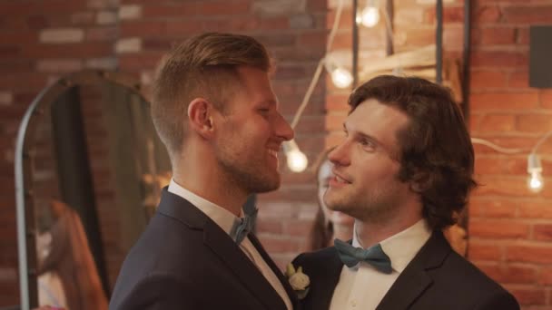 Waist Slowmo Newlywed Romantic Gay Couple Looking Each Other Dancing — Stockvideo