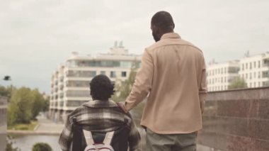 Afrika kökenli Amerikalı tekerlekli sandalyedeki kadının ve erkek arkadaşının yavaş yavaş nehir kenarına bakması ve konuşması.